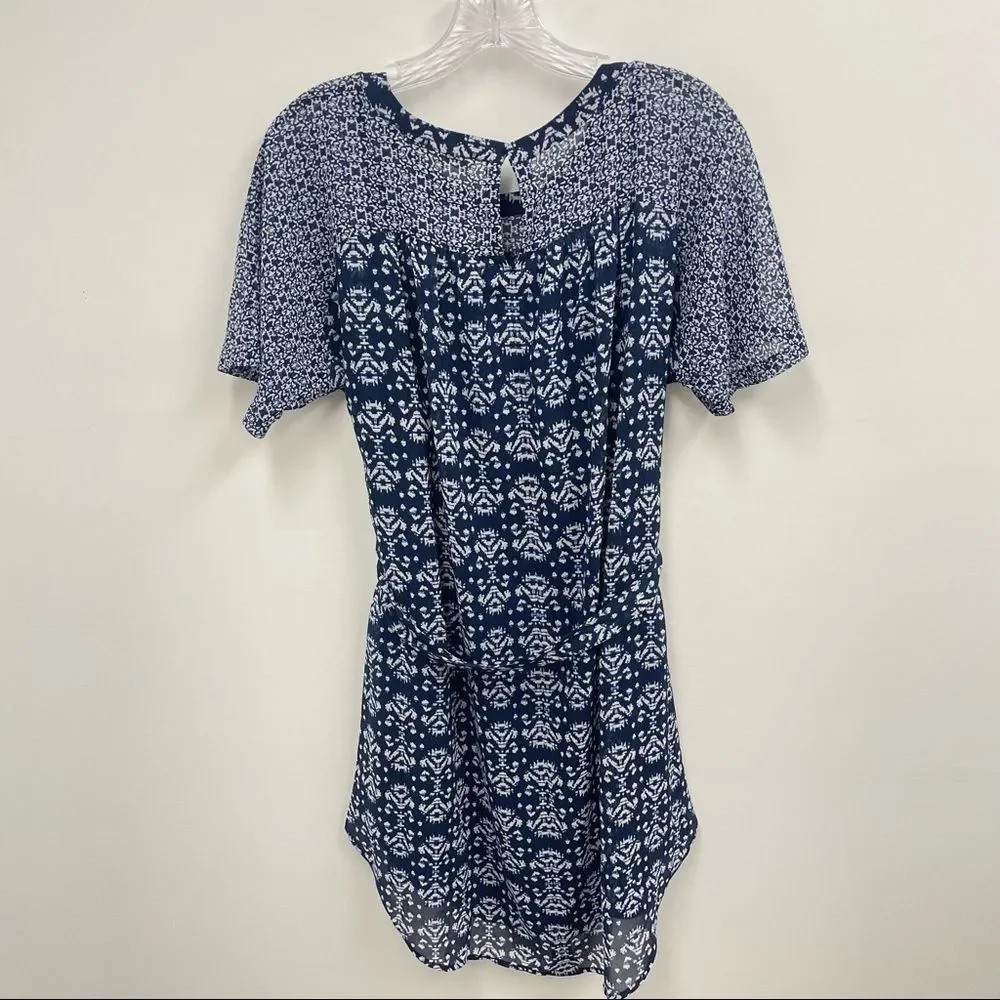 🔴LOFT Blue Printed Short Sleeve Belted Chiffon Crew Neck Summer Mini Dress SP - Picture 6 of 9